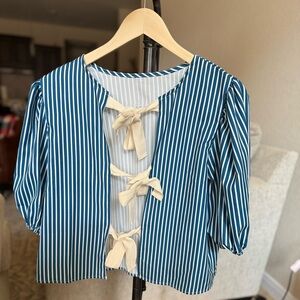 Striped Blue and Cream Tie-Front Blouse